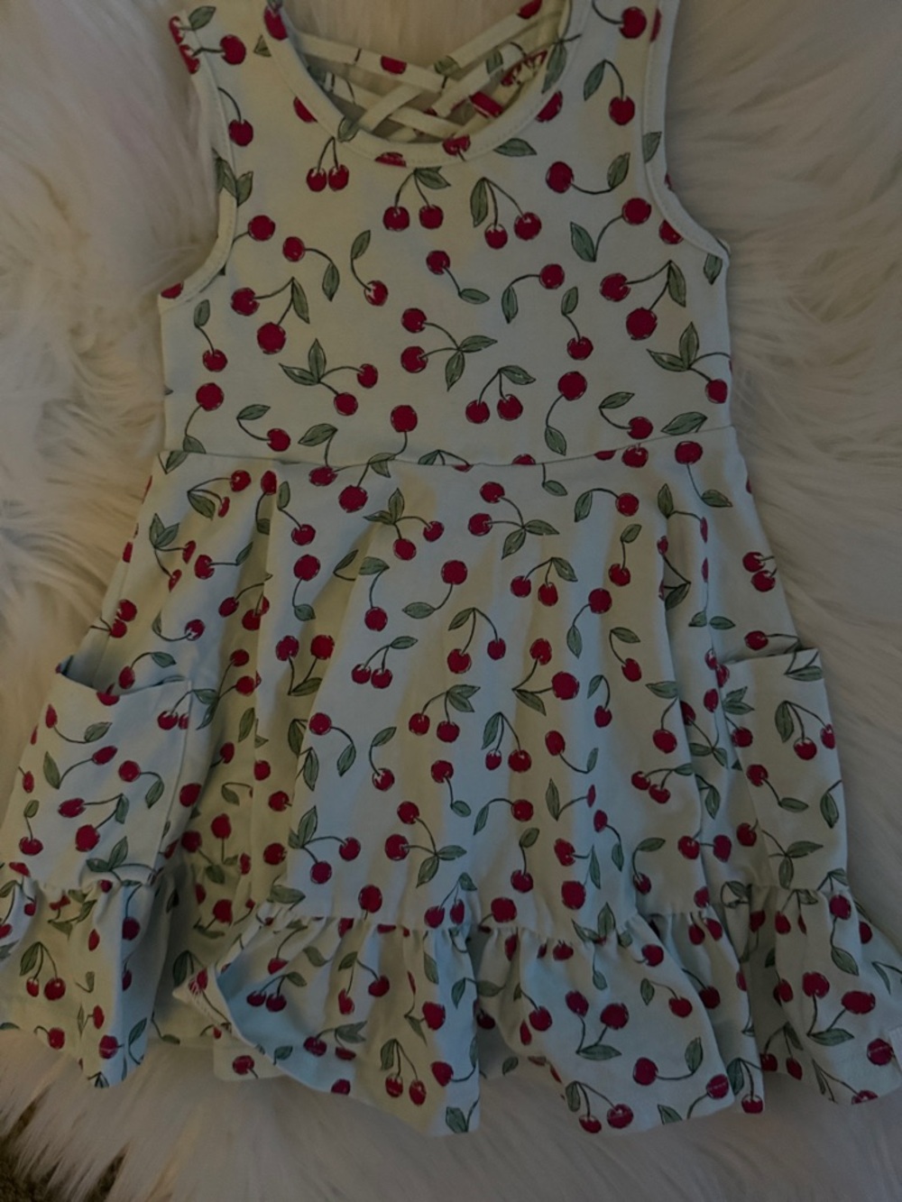 Girls Cherry Print Sleeveless Summer Dress - Light Blue & Red